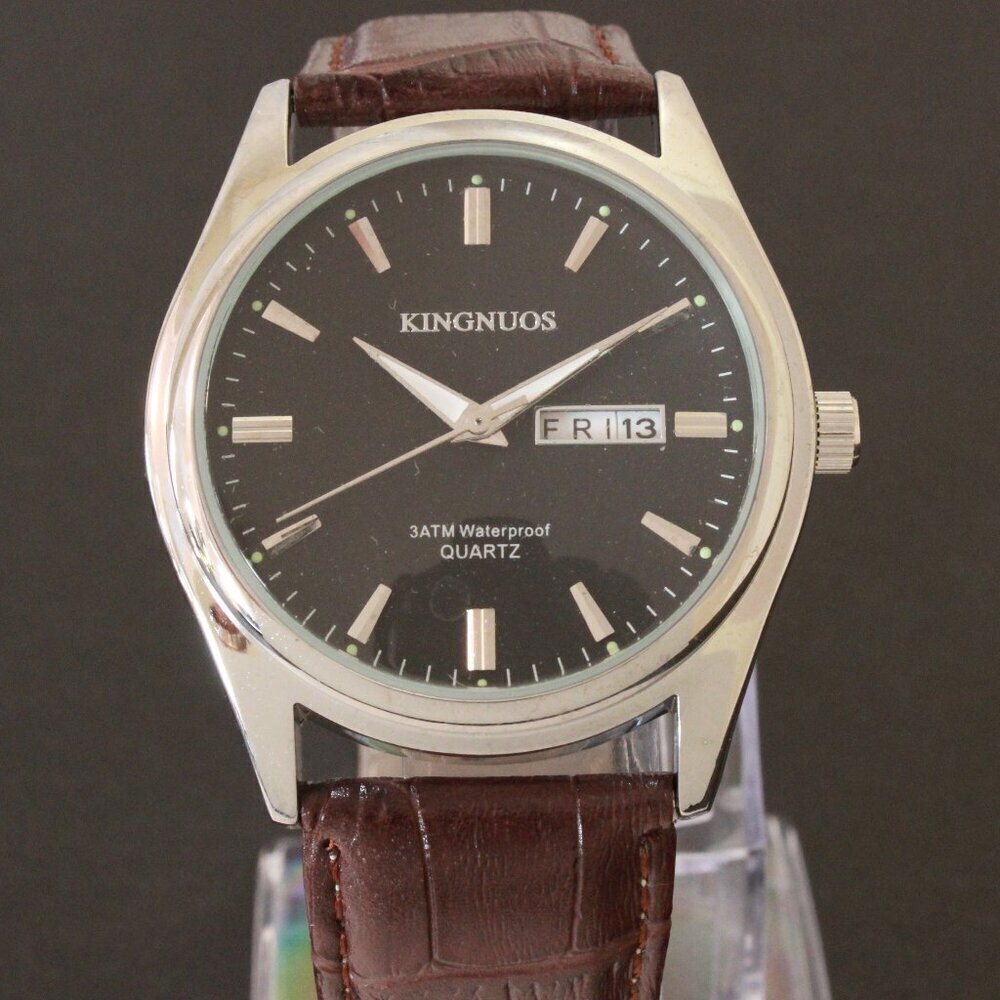 Men's Contemporary Dress Watch Silver Case Brown Leather Watch Strap 40mm - Picture 6 of 12